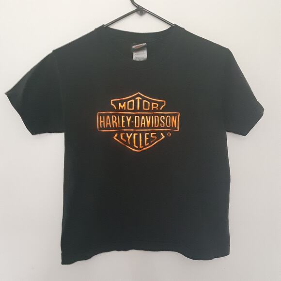 Harley Davidson T Shirt Black Orange Logo Motorcycle Womens Size M Biker Tee - Picture 1 of 8